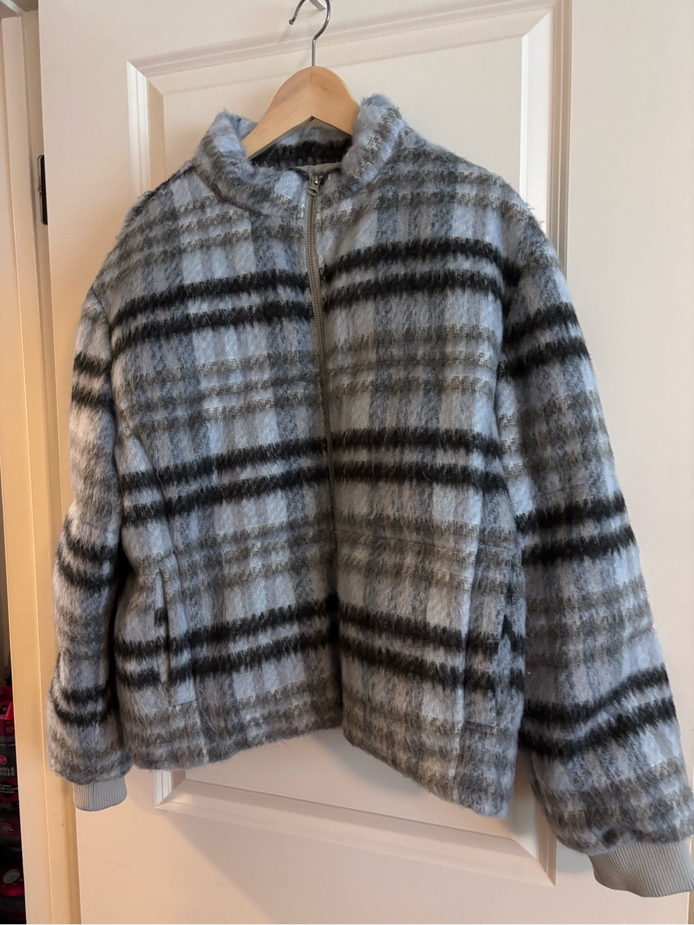 Anthropologie Light Blue & Gray Plaid Faux-Fur Zip Bomber Jacket